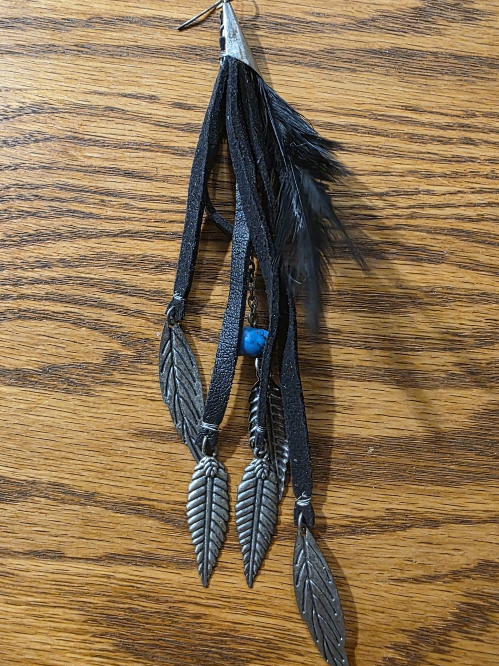 Boho Black Feather & Leaf Dangle Earring with Turquoise Accent
